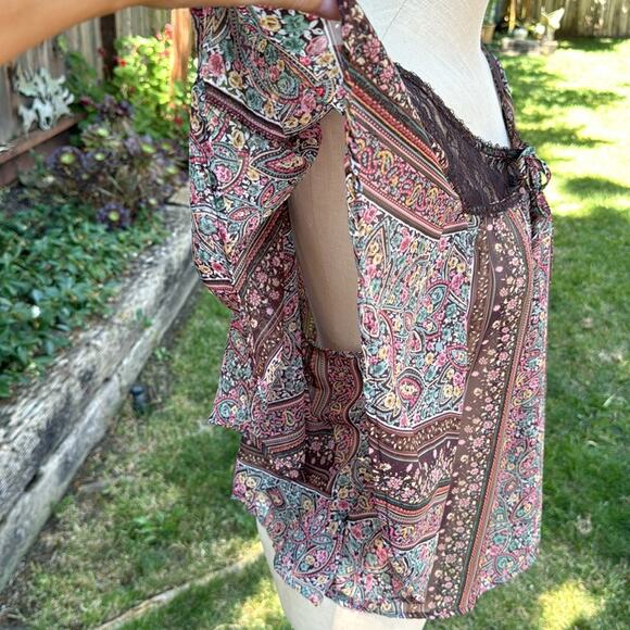 Fang Sheer Lace Paisley Flutter Peasant Boho Long Batwing Blouse Large - Picture 4 of 12